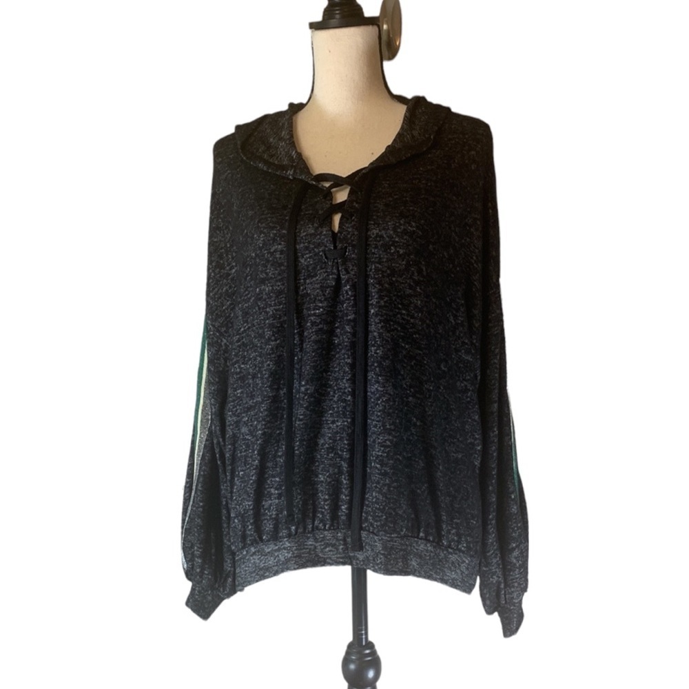Hummingbird Charcoal Lace Up Long Sleeve Sweater; Lace Up V-neck - Grey / Black
